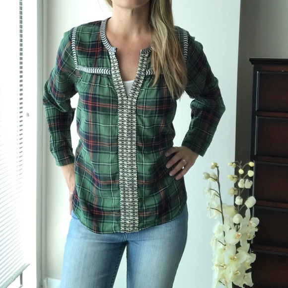 J. Crew Tops - J.Crew green plaid embroidered peasant top